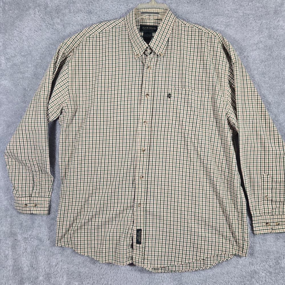 Duck Head Mens XL Green Tan Plaid Button Down Shirt Wrinkle Free Long Sleeve